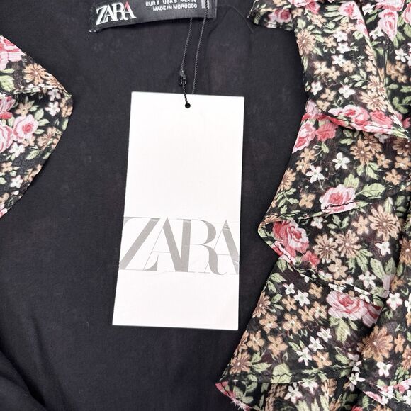 Zara Dress Size Small Multicolor Floral Ruffle Trim 3/4 Sleeves Flowy Shift NEW - Picture 7 of 11